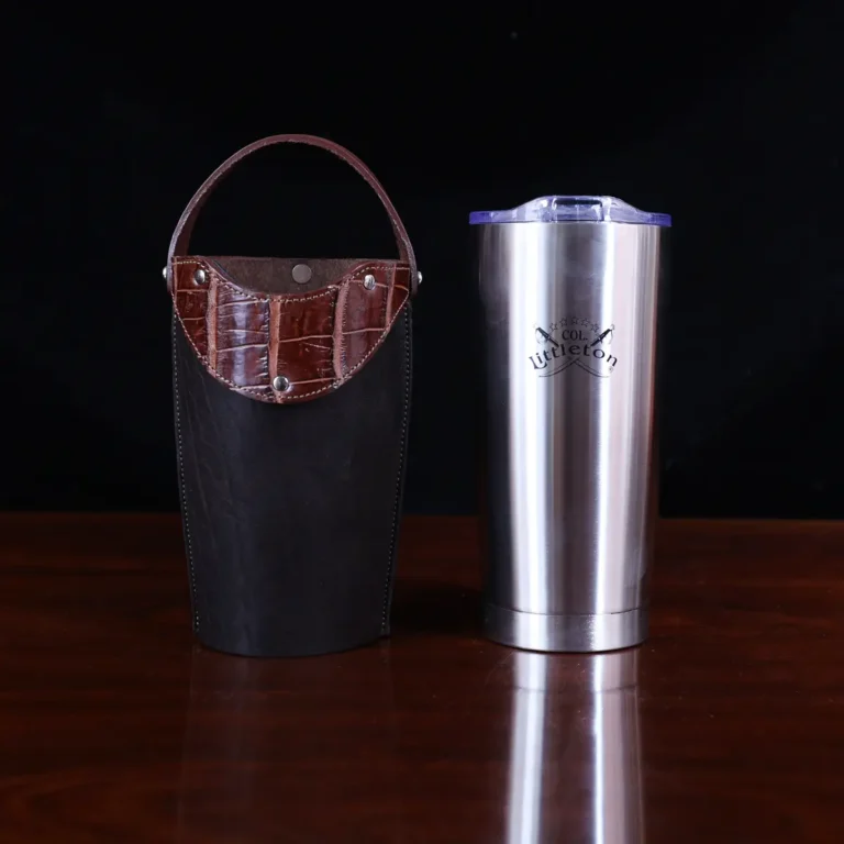 No. 20 Traveler Tumbler Sleeve Set in Tobacco Brown American Buffalo with American Alligator Trim - 20oz stainless steel tumbler - ID 001 - front view with cup