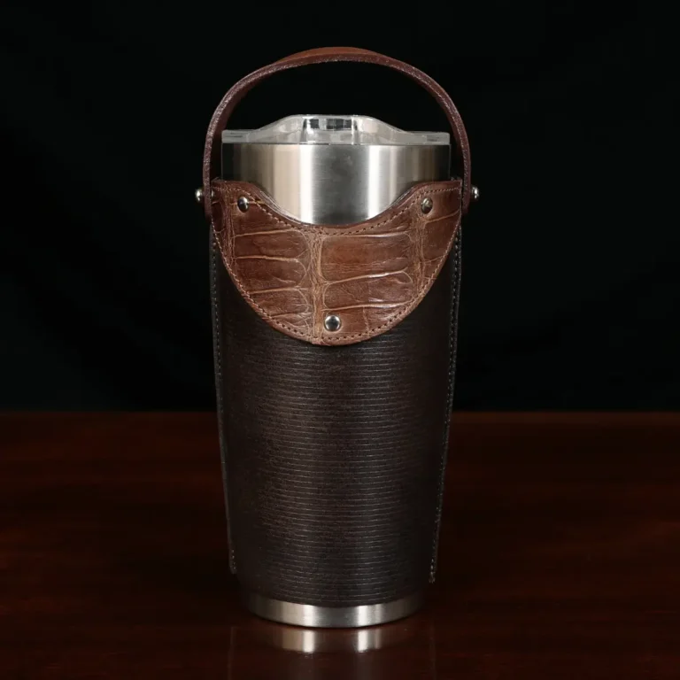 No. 20 Traveler Tumbler Sleeve Set in Tobacco Brown American Buffalo with American Alligator Trim - 20oz stainless steel tumbler - ID 001 - front view