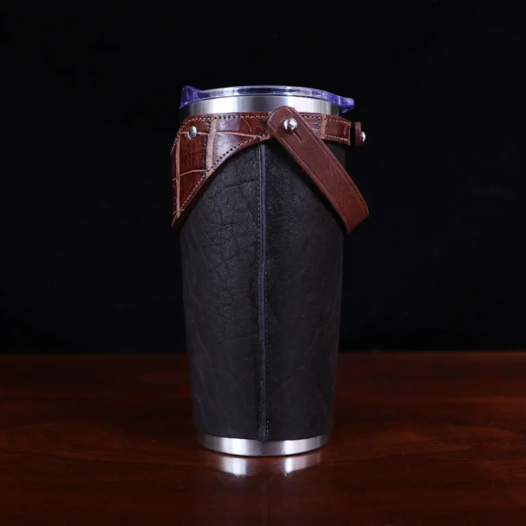 No. 20 Traveler Tumbler Sleeve Set in Tobacco Brown American Buffalo with American Alligator Trim - 20oz stainless steel tumbler - ID 001 - side view