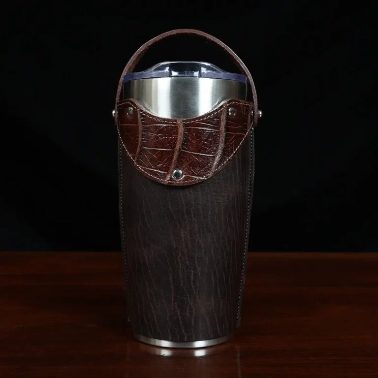 No. 20 Traveler Tumbler Sleeve Set in Tobacco Brown American Buffalo with American Alligator Trim - 20oz stainless steel tumbler - ID 002 - front view