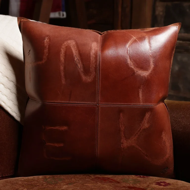 front side of a branded leather pillow