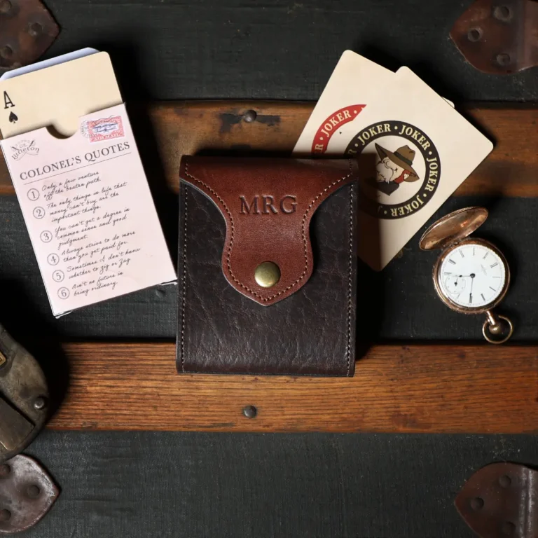 Leather playing card case, holds one deck of playing cards. showing the front view and back of card box