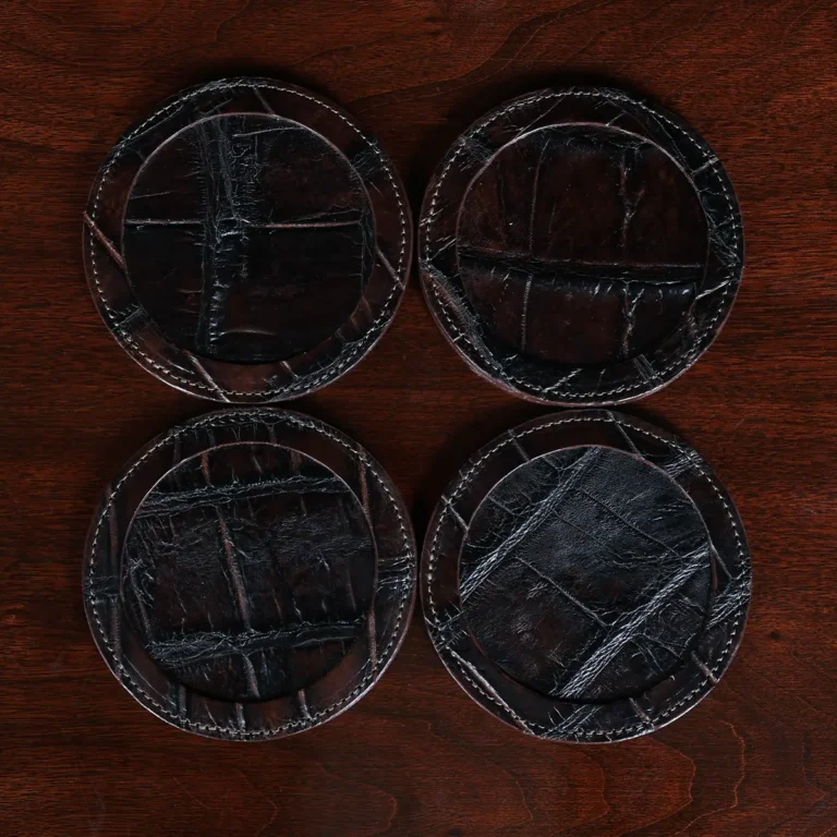 Round leather coasters in Brown American Alligator - set of 4 - ID 001 - front view of 4 coasters on black background - 002