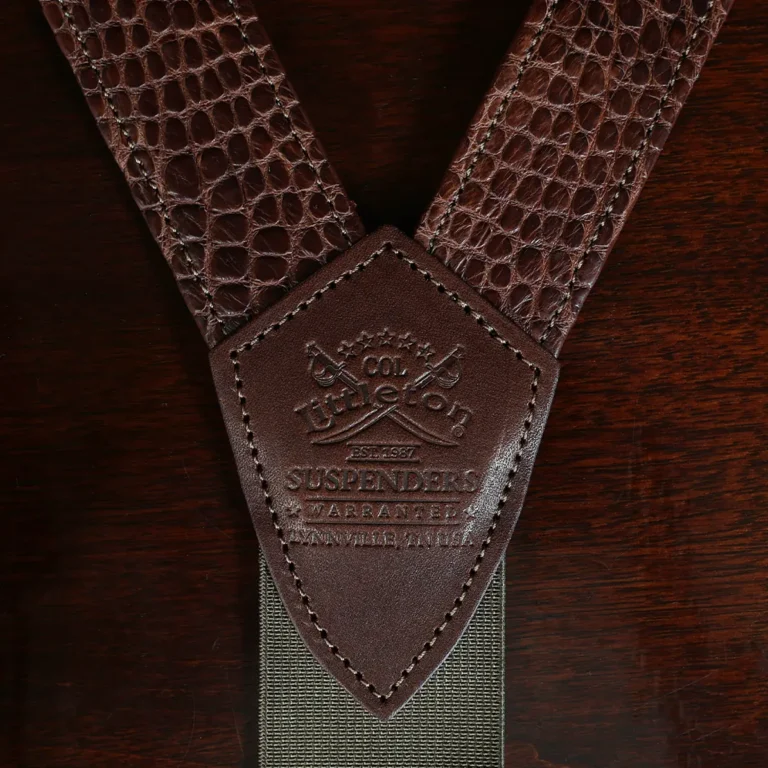 alligator suspenders showing the back view with logo