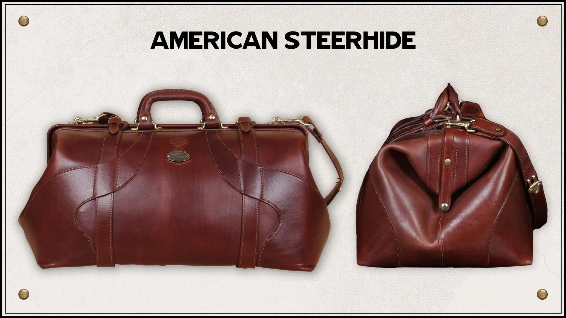 American steerhide bags showing the front and side details