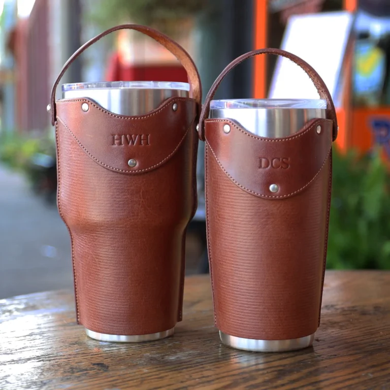 No. 30 and No. 20 Traveler Tumbler Sets in American Steerhide sitting on a table