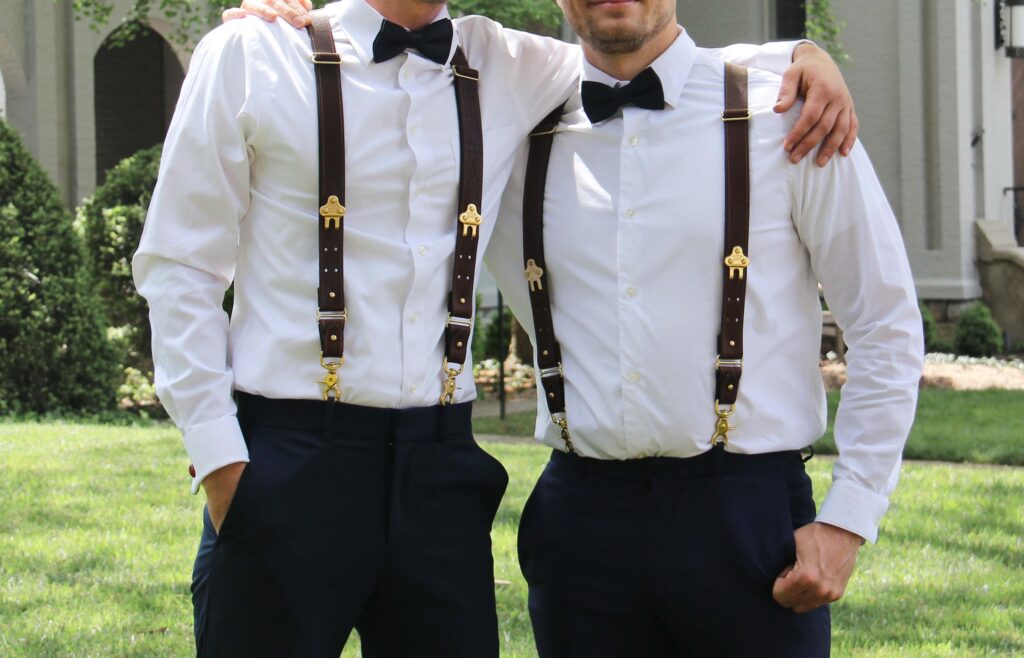 two men wearing American Buffalo Suspenders at a wedding