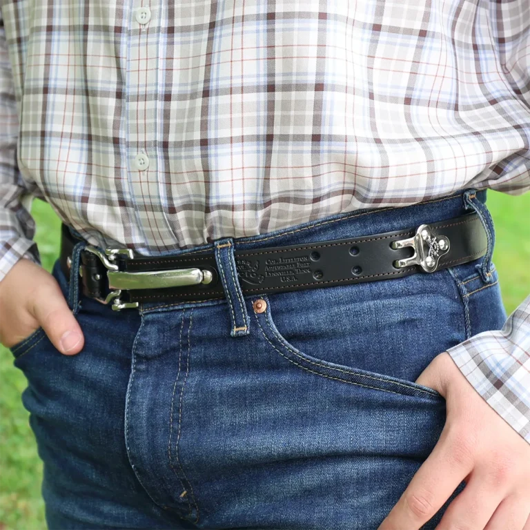 No. 5 Cinch Belt in Black Leather with Stainless accents on a man- showing the front view