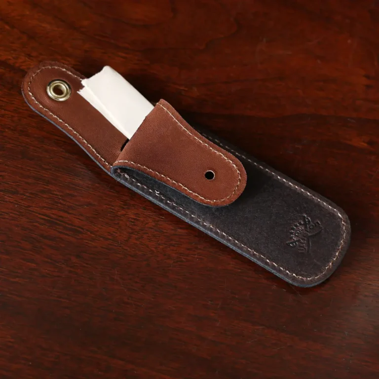 tobacco buffalo leather bookmark with secret pocket - front open view