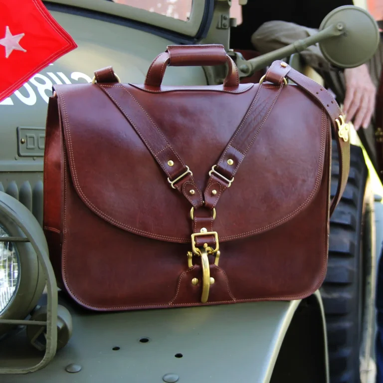 commander leather laptop briefcase on an old vehicle - front view