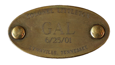 Brass dated plate on Colonel's Saddlebag