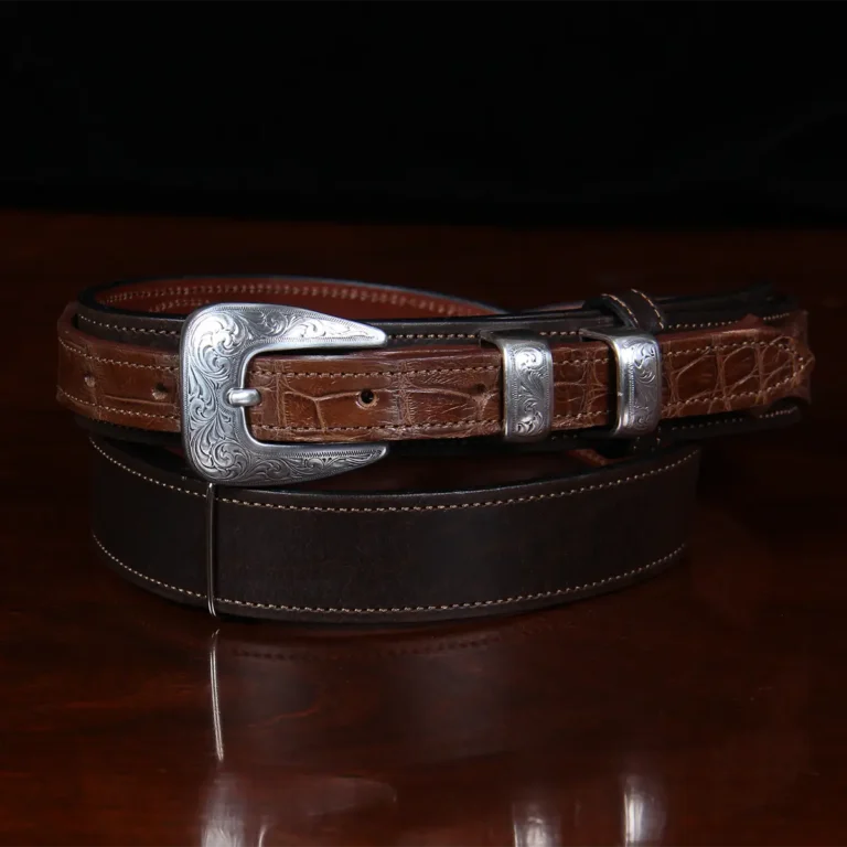 Front of the no. 2 ranger belt with tobacco buffalo and alligator