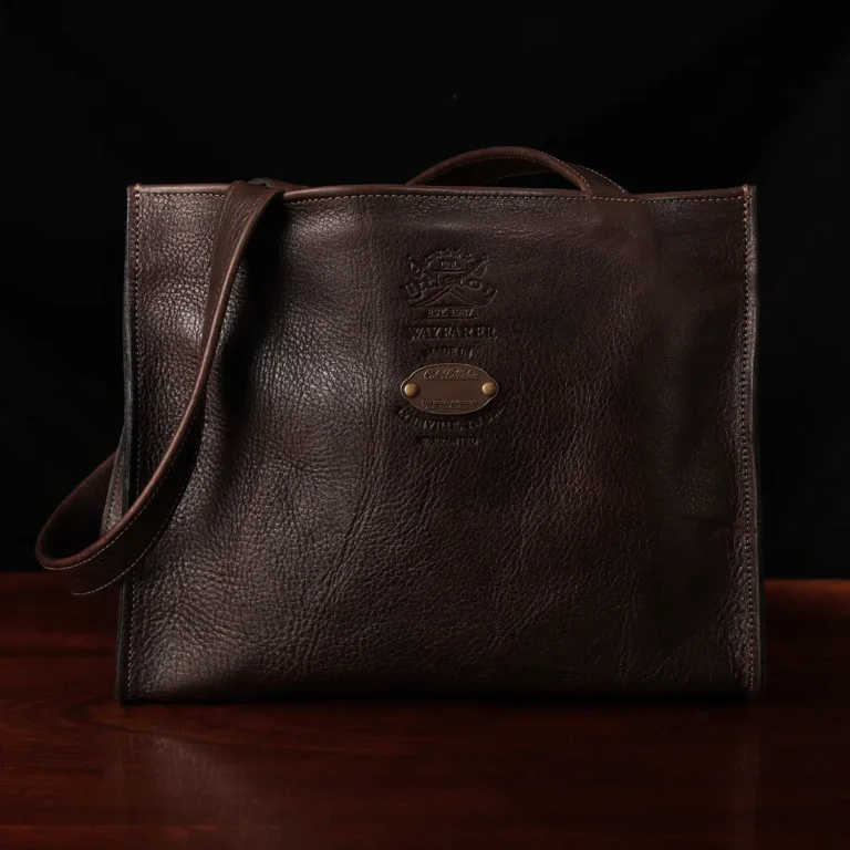 Wayfarer Tote in tobacco buffalo showing the front side