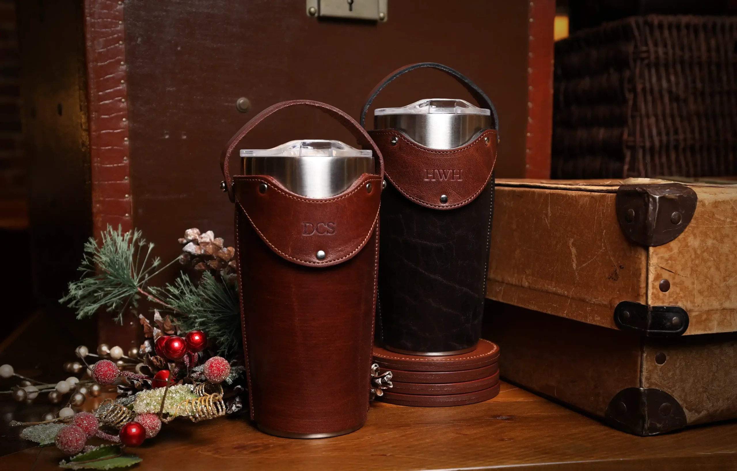 Two No. 20 Leather Tumbler Sleeve Sets in Christmas setting