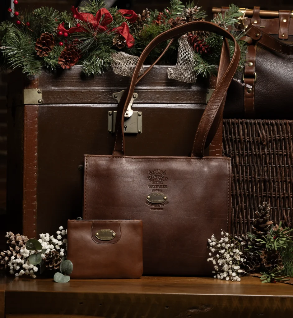 Wayfarer Tote and No. 1 Zip It Bag in American Steerhide in Christmas setting