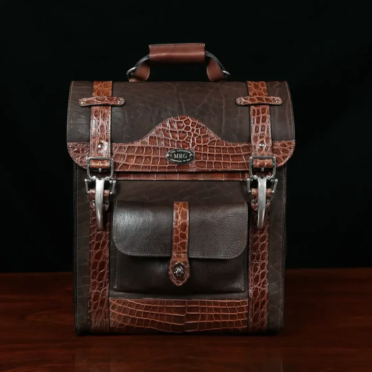 no 9 rover backpack in tobacco buffalo with American Alligator trim - id 001 - front view