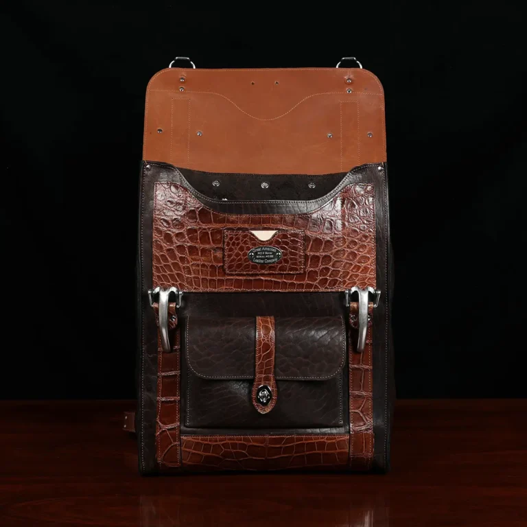 no 9 rover backpack in tobacco buffalo with American Alligator trim - id 002 - open