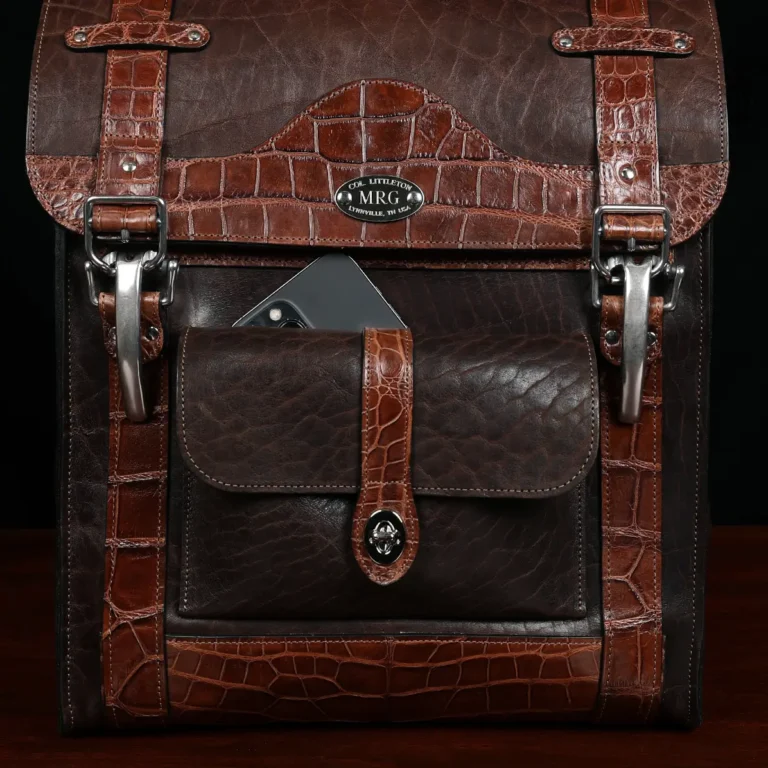 no 9 rover backpack in tobacco buffalo with American Alligator trim - id 002 - front