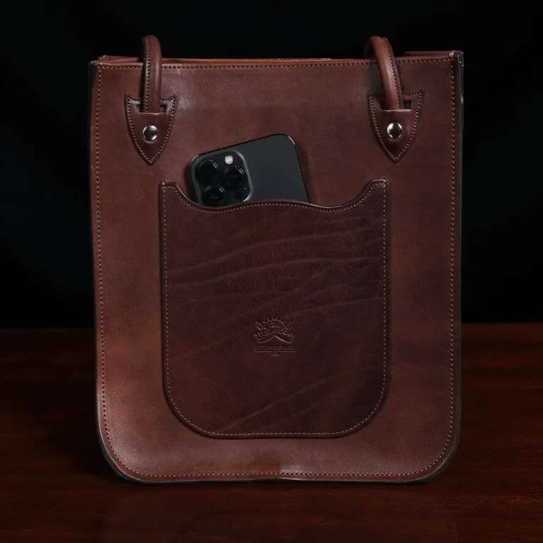 full grain leather tote with american steerhide and american buffalo with a pocket and handles